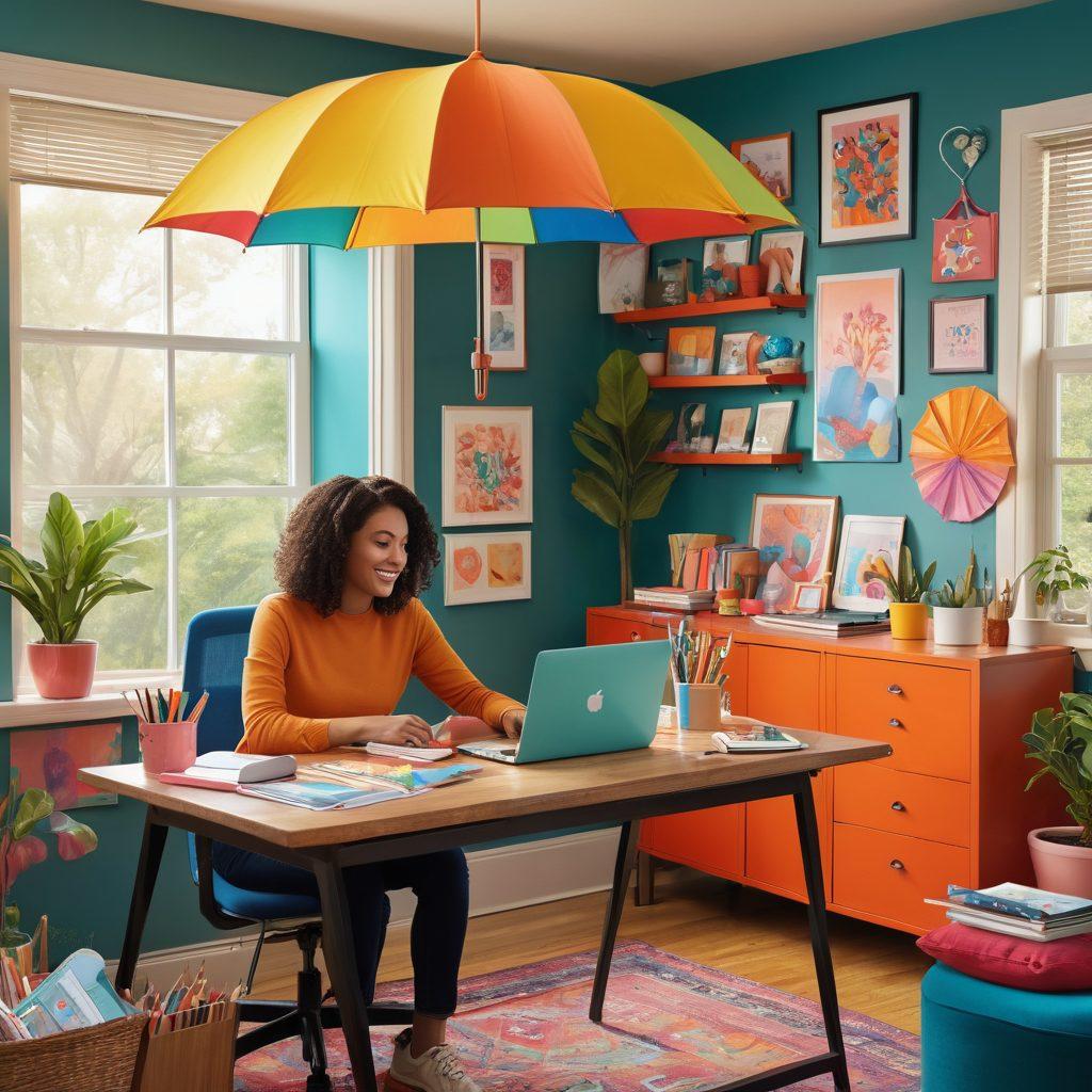 An artistic representation of diverse adult content creators working in various settings, from a cozy home office to a vibrant studio, surrounded by symbols of insurance protection like shields and umbrellas. Incorporate subtle hints of creativity, such as colorful art supplies and digital devices. Highlight a sense of community and empowerment. modern illustration. vibrant colors. dynamic composition.